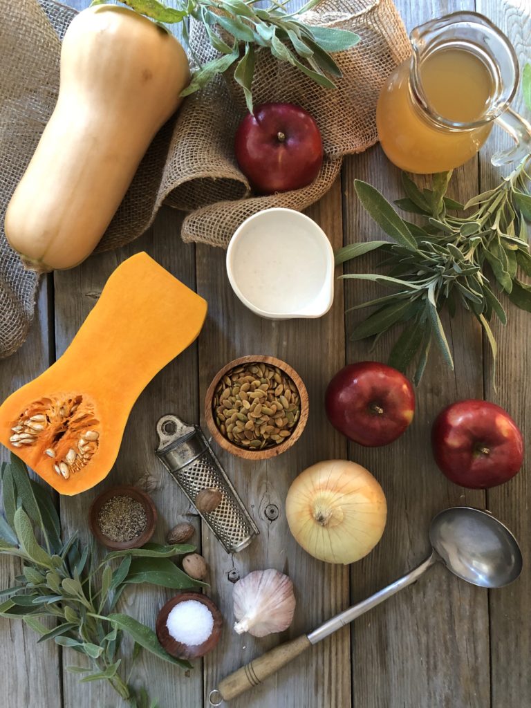 Overhead photo of soup ingredients