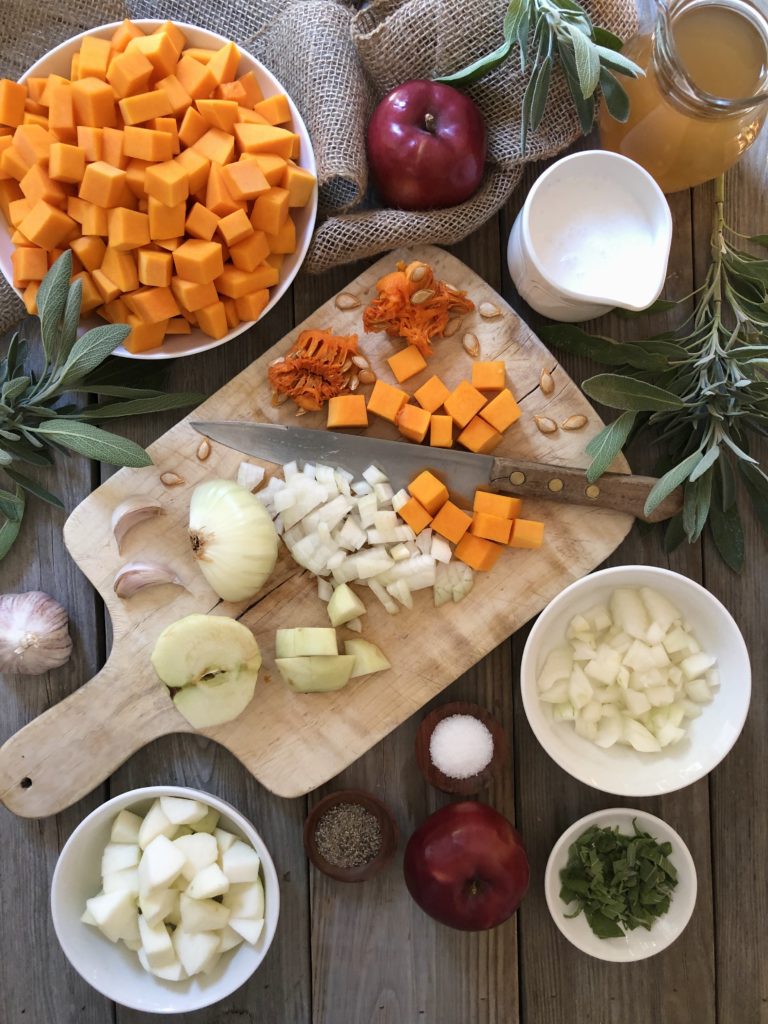 chopping ingredients on wood cutting board