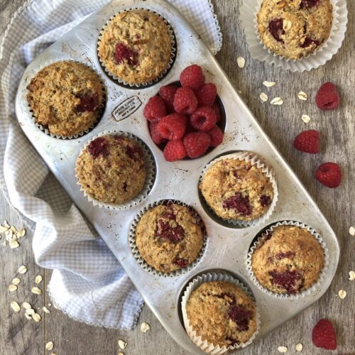 raspberry muffins in tray