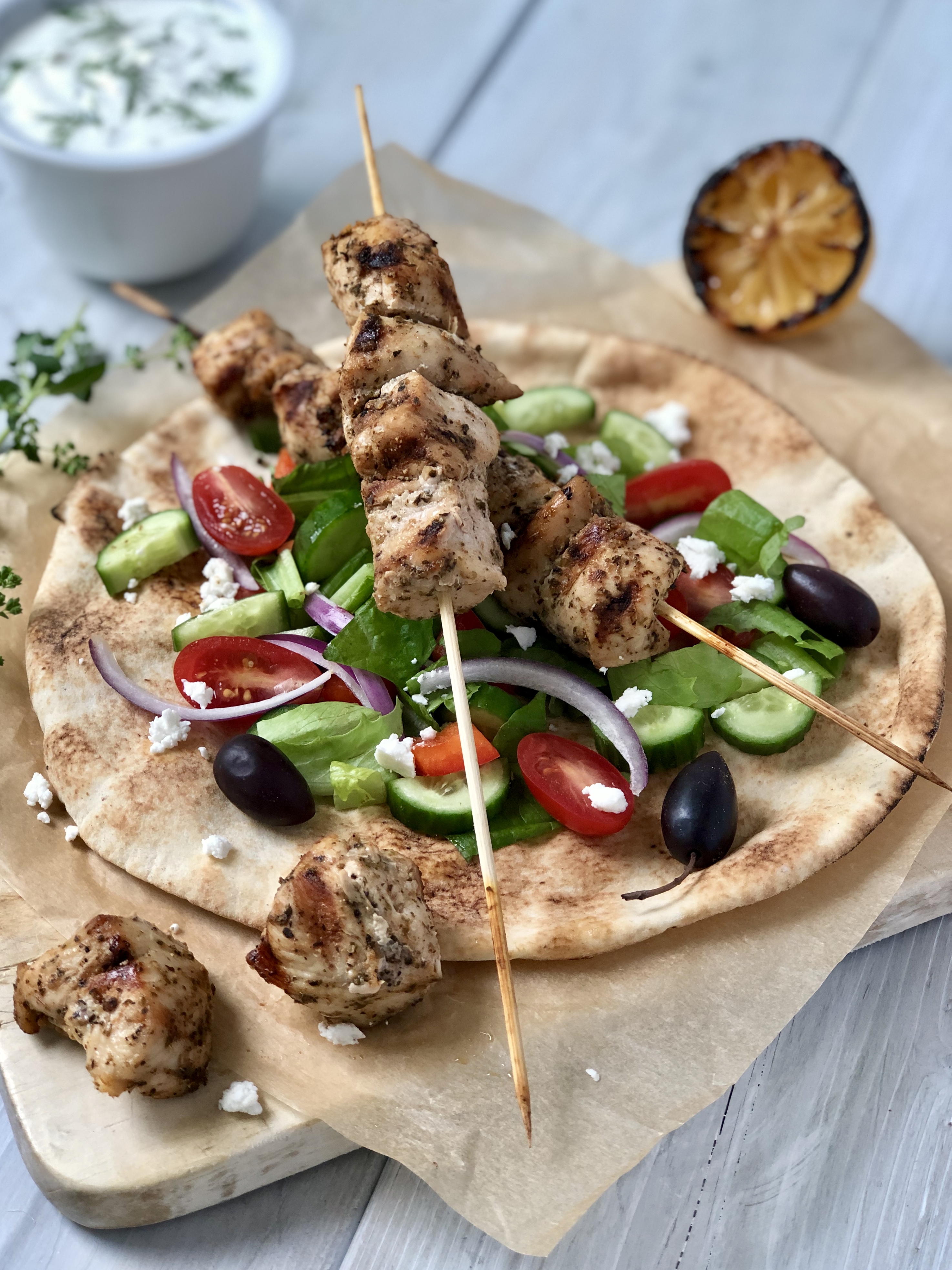 Greek Chicken Souvlaki 7 BEST Portrait on Pita - The Kitchen Fairy