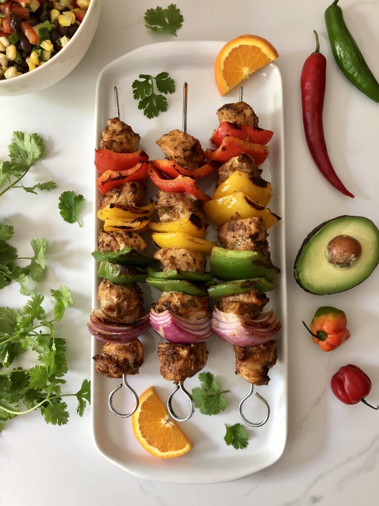 Orange Chipotle Chicken Fajita Skewers 4 BEST Three on Plate Vertical