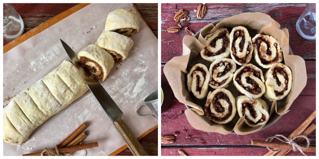 slicing rolls into pieces and arranging on baking dish