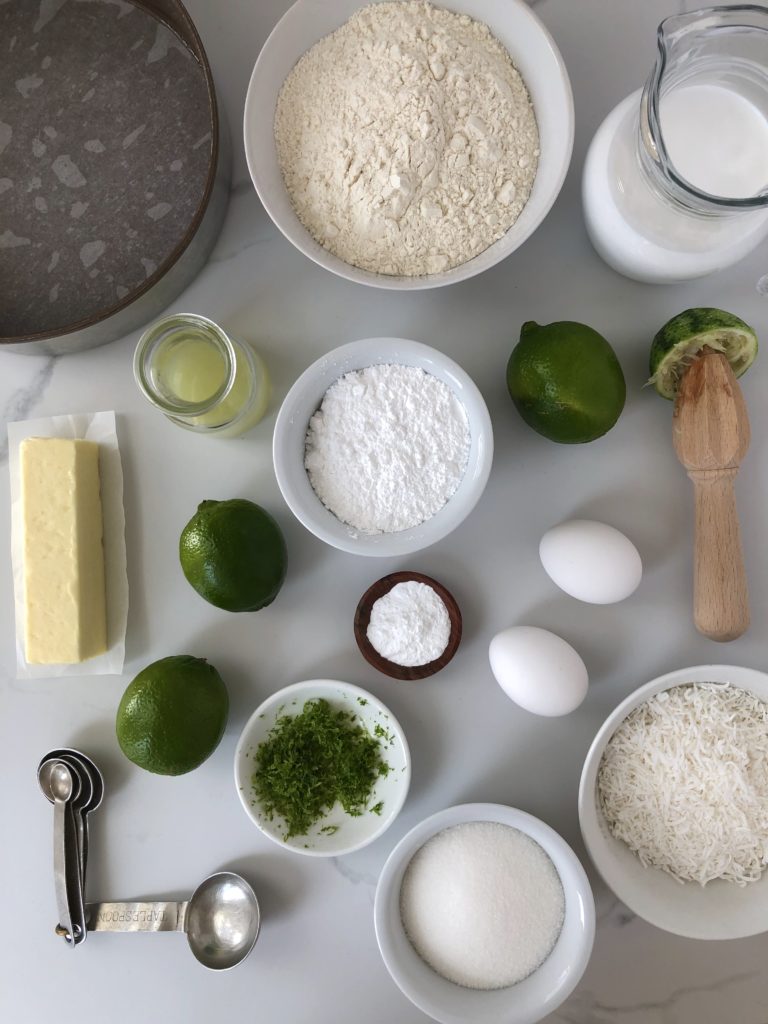 Ingredients of Shredded coconut, Sugar, Limes, Butter, Eggs, Coconut Milk, Flour, Baking Powder, Icing Sugar