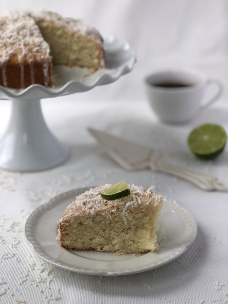 Slice of coconut cake on a plate