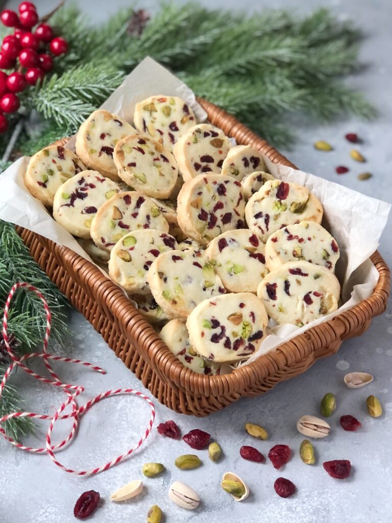 Cranberry pistachio shortbread in a basket