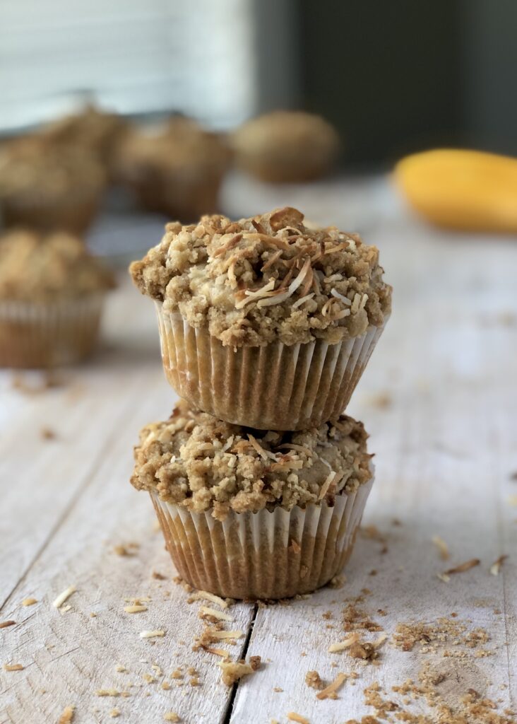 Two Mango Coconut Streusel Muffins stacked