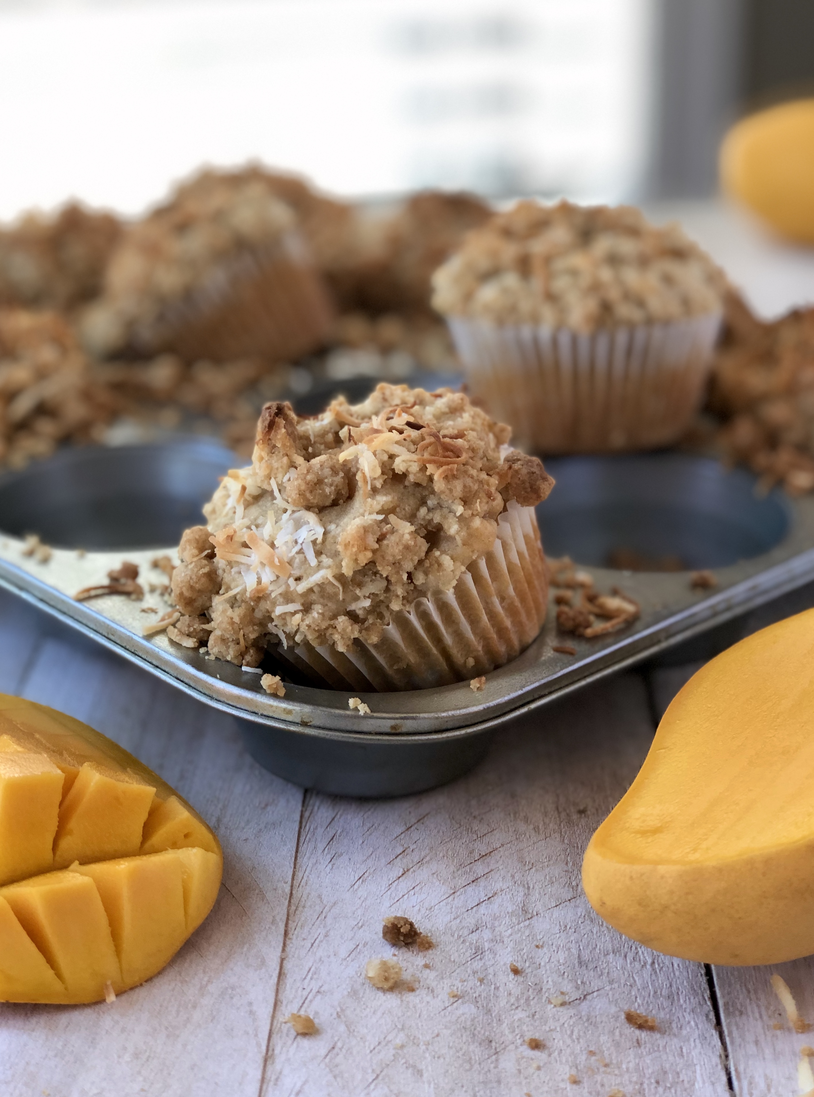 Mango Coconut Streusel Muffins 6 BEST Closeup of Muffin - The Kitchen Fairy