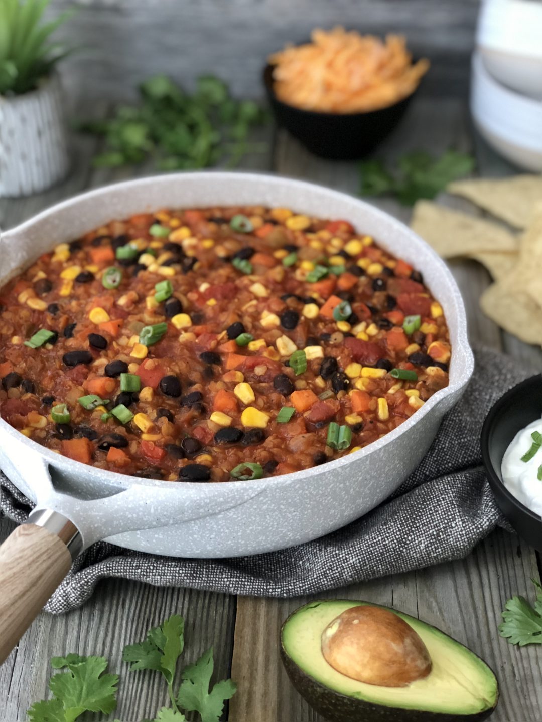 Spicy Vegetarian Chili 4 BEST In Skillet Portrait - The Kitchen Fairy