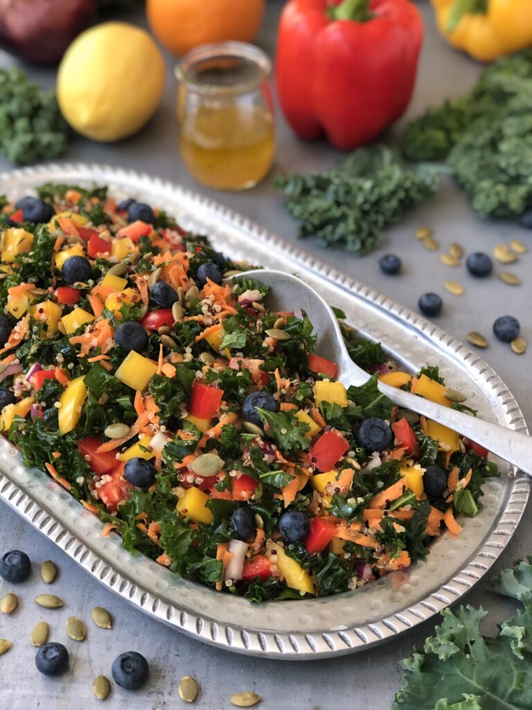 Rainbow Kale Salad in serving dish