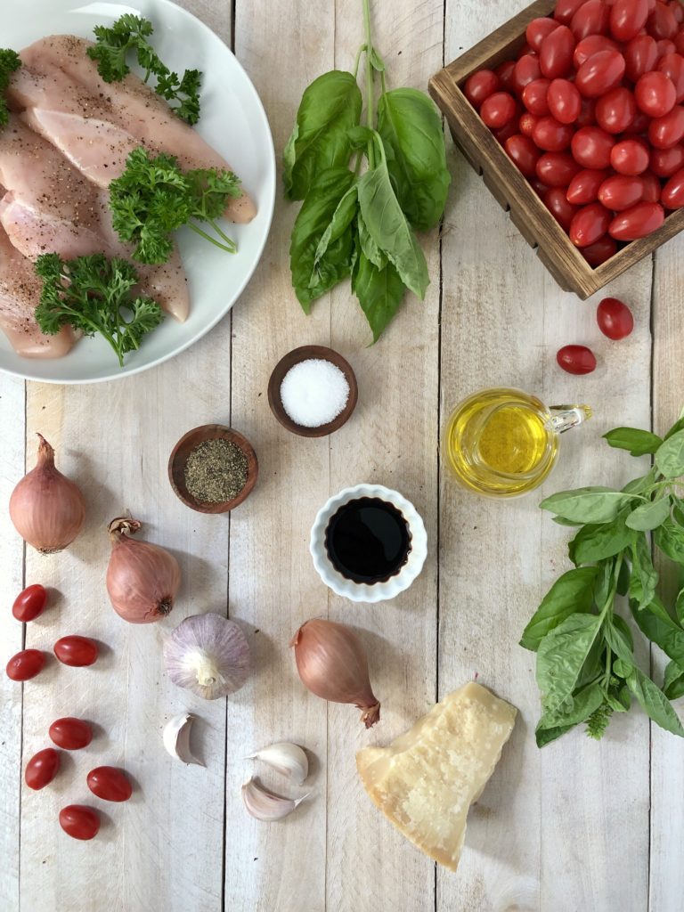 Recipe ingredients include chicken, garlic, tomatoes, basil