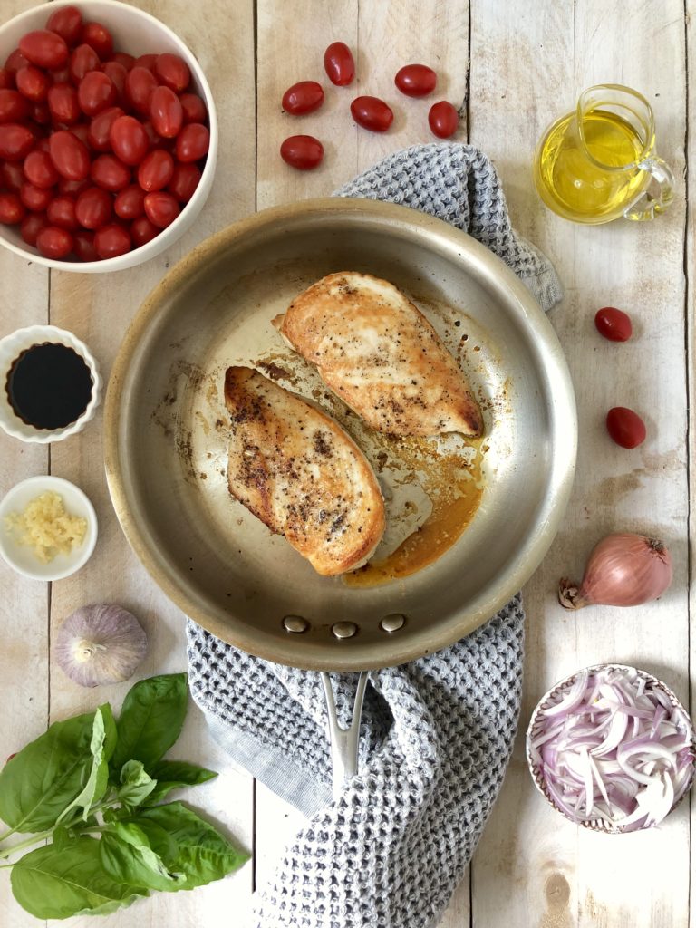 Cooked chicken in frying pan