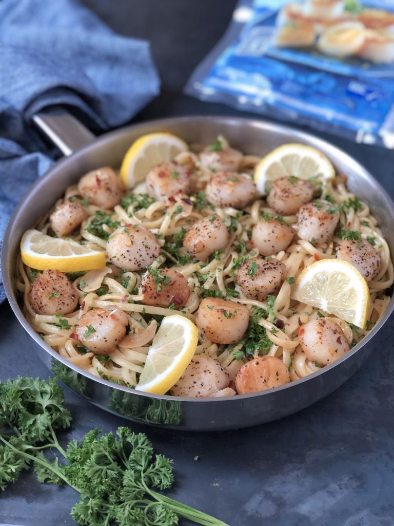 Lemon Garlic Linguini with Scallops in a frying pan