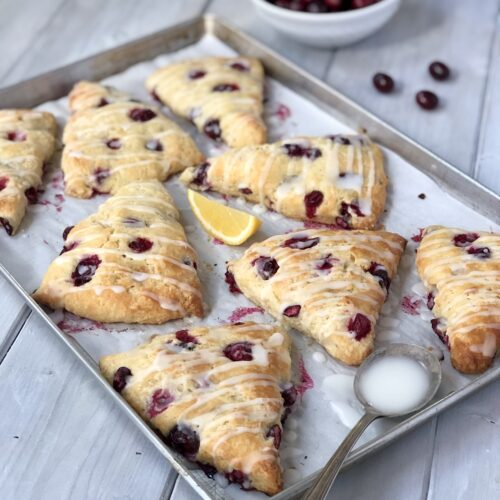 Scones arranged on a baking tray