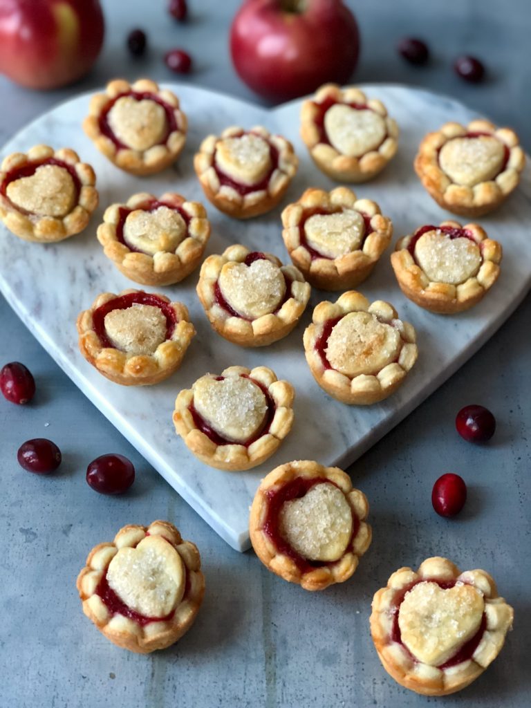apple cranberry tarts on a heart-shaped platter