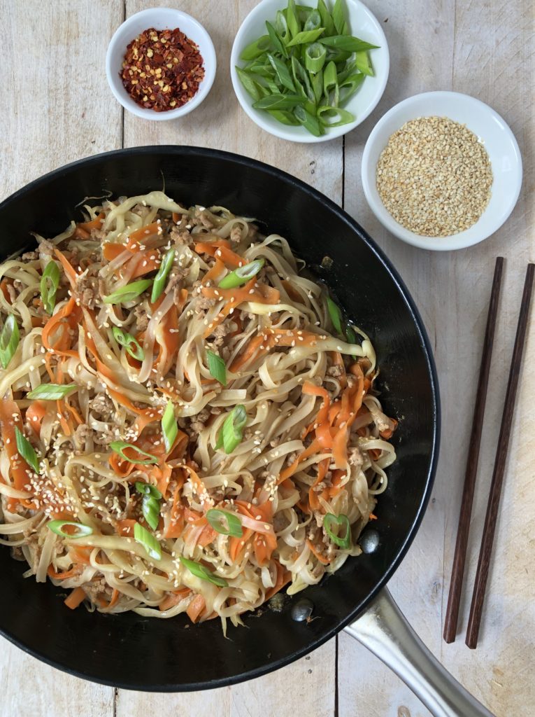 Noodle dish in a skillet