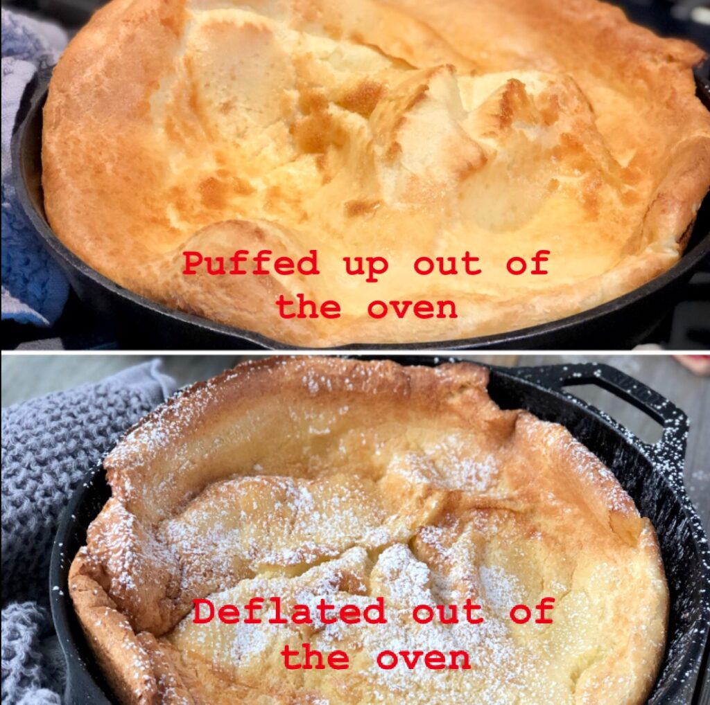 Two versions of puff pastry: puffed up out of the oven and deflated out of the oven