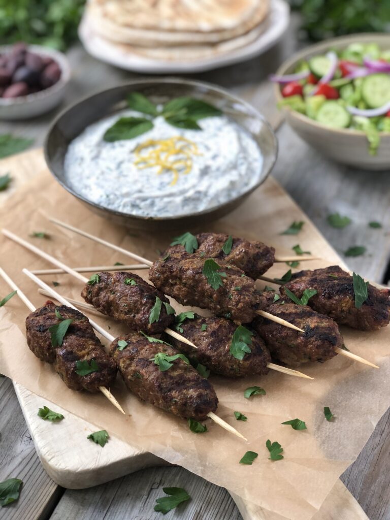 Beef kabobs on serving tray