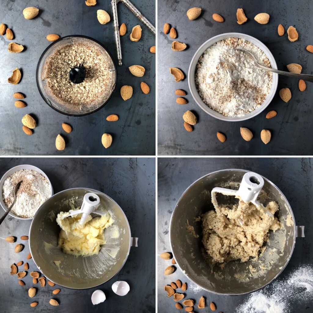  Process the almonds in a food processor , combine the ground almonds with the all purpose flour, In a large bowl with a mixer, beat butter and sugar, then beat in eggs and almond extract until creamy, add almond and flour mixture and beat until combined