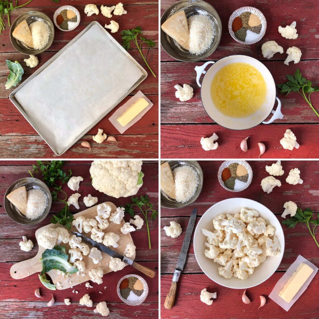 Prepare a baking sheet by lining with parchment paper. In a small saucepan melt the butter with the garlic and cook until fragrant. Core the cauliflower into florets. Transfer the cauliflower to a large bowl