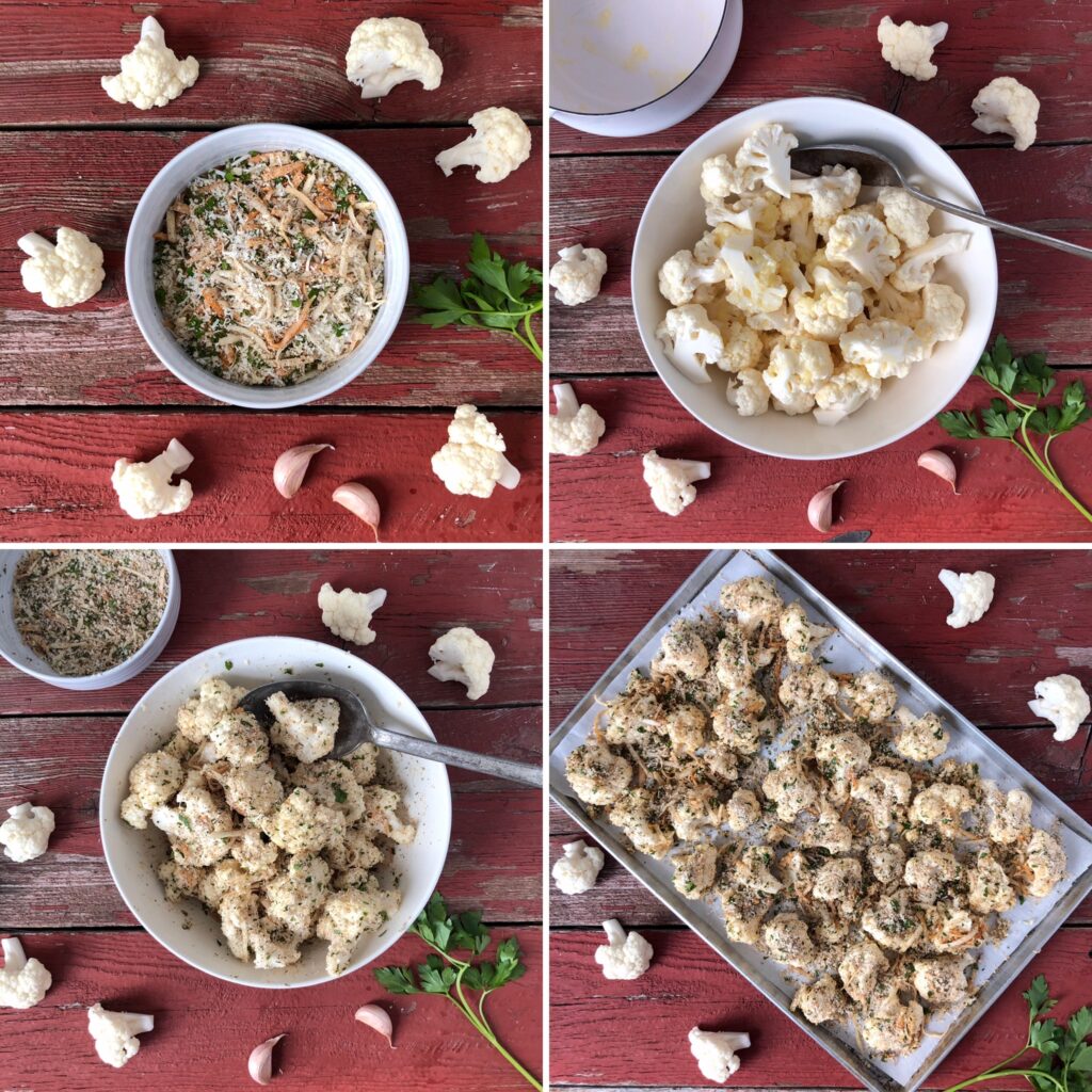 In a medium bowl combine the Parmesan, mozzarella, breadcrumbs and seasonings • Pour the warm garlic butter over the cauliflower and toss to coat the cauliflower. Pour ¾’s of the Parmesan mixture over the cauliflower and toss to coat • Arrange cauliflower on prepared baking sheet and sprinkle with remaining Parmesan mixture