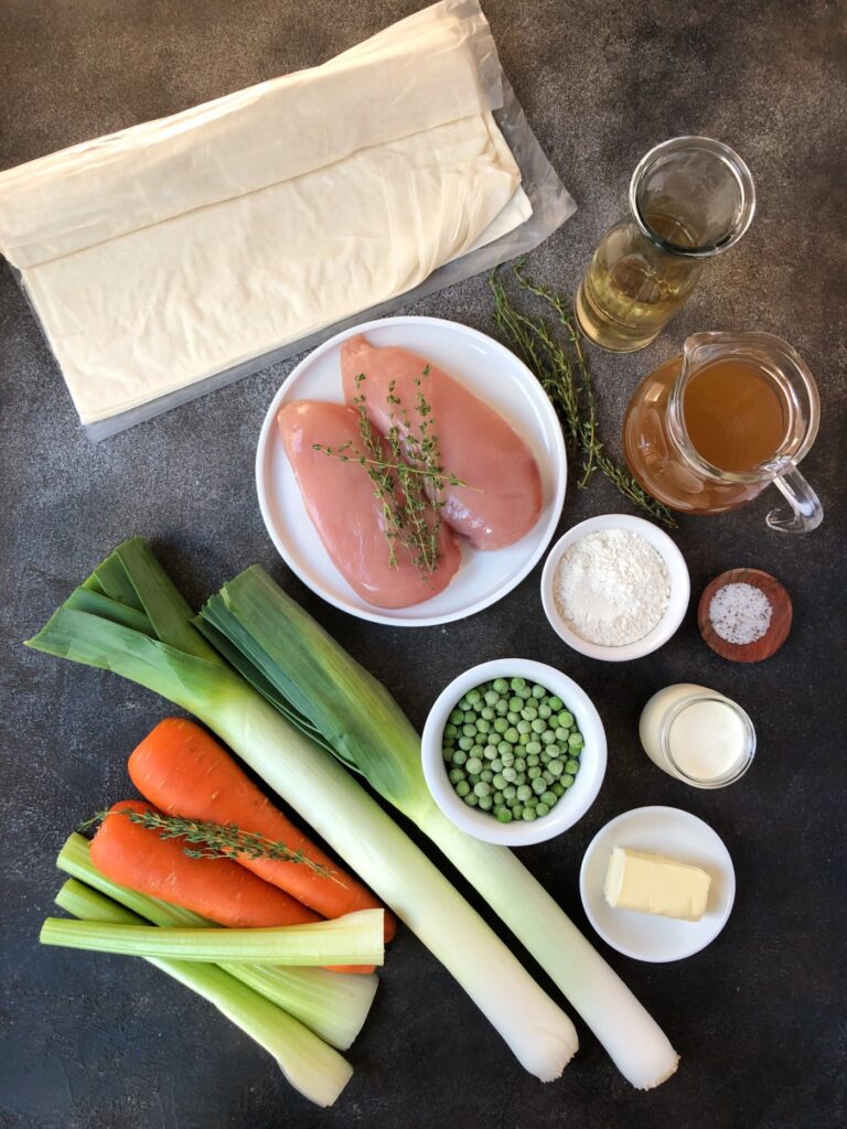 Phyllo, chicken, wine, broth, vegetables, flour, butter and cream.