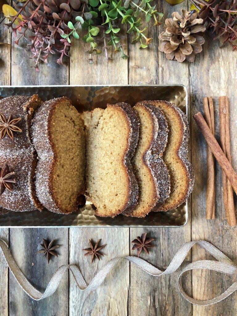 Sliced cake on a platter.