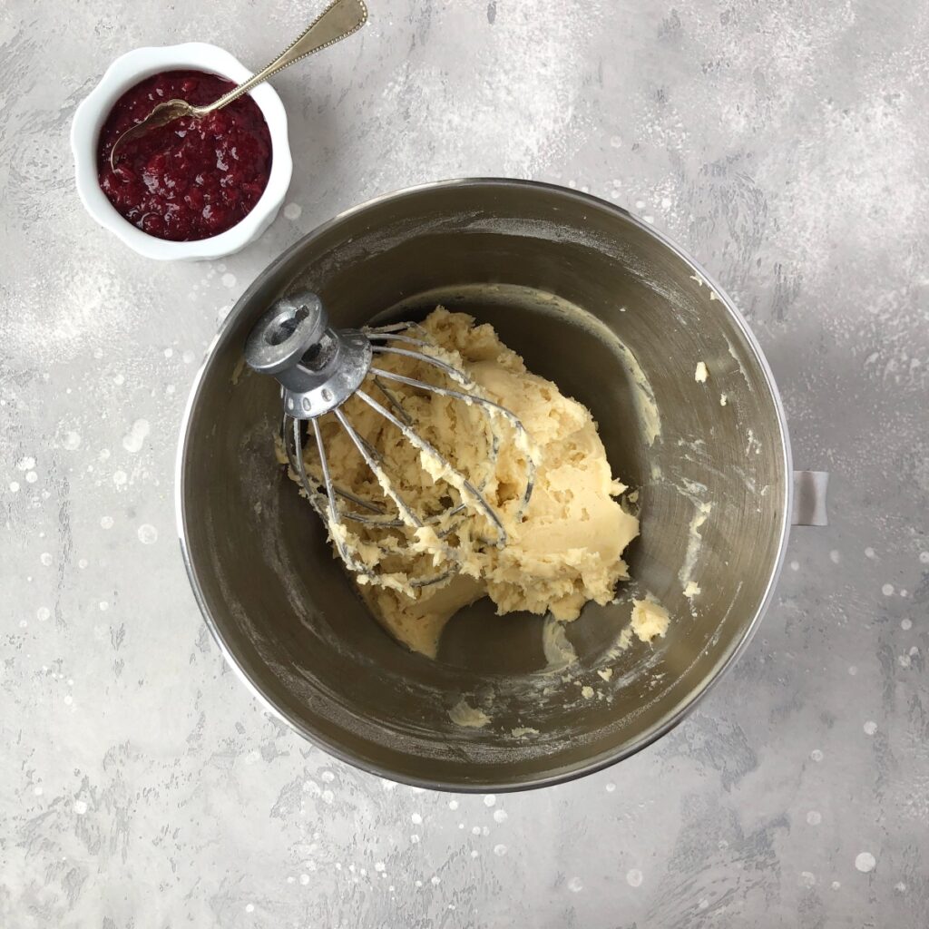 Flour added to batter in mixing bowl