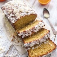 Three slices cut from the orange coconut pound cake.