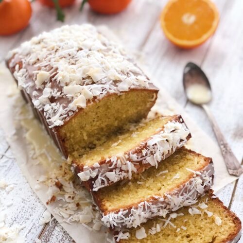 Slices cut from orange coconut pound cake.
