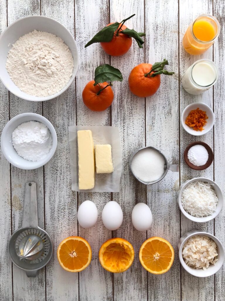 Flour, sugar, icing sugar, butter, oranges, coconut and eggs.