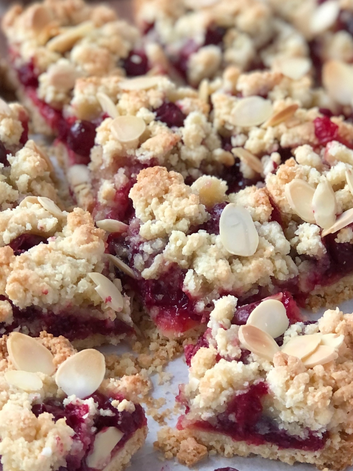 Close up view of cranberry bars cut into squares.