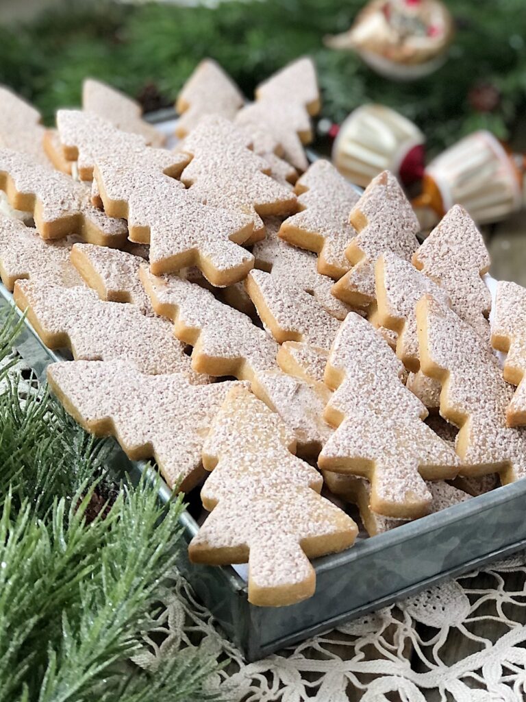 Close up of brown sugar cinnamon cookies piled on a tray