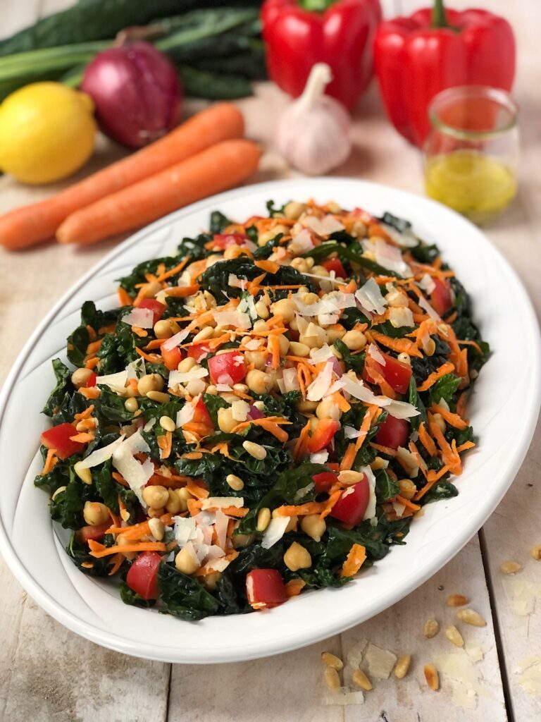 Tuscan kale salad with vegetables and dressing