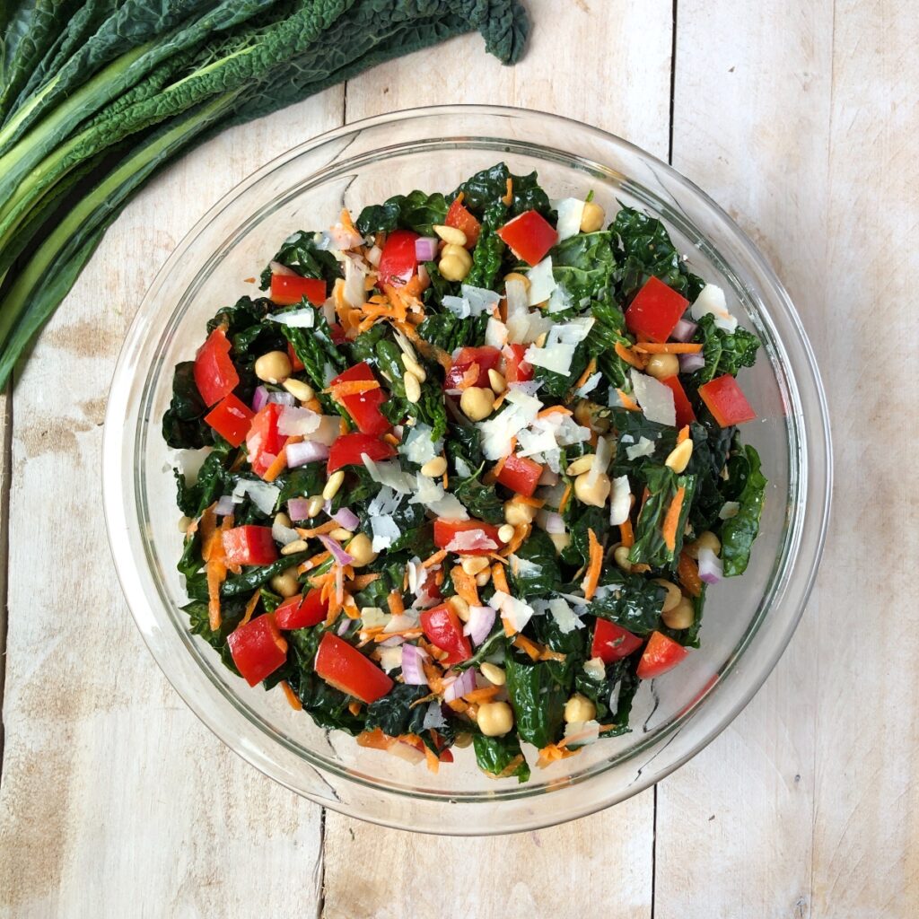 Lacinato kale salad tossed together.