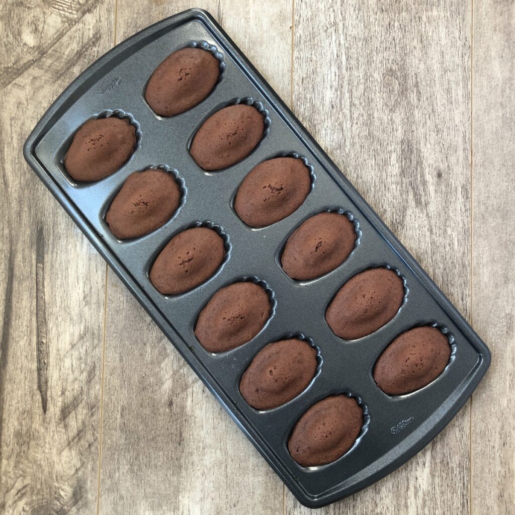 Baked chocolate madeleines in scalloped pan.