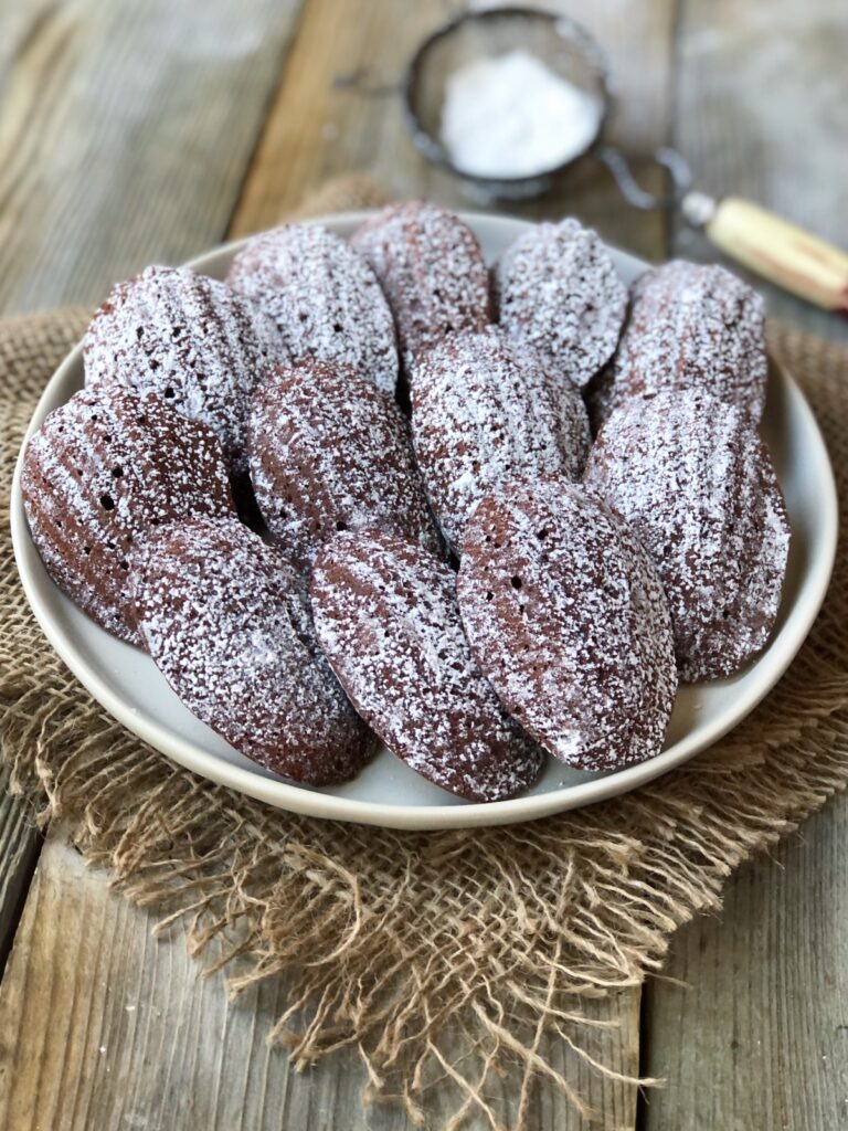 Chocolate madeleines arranged on a white plate.