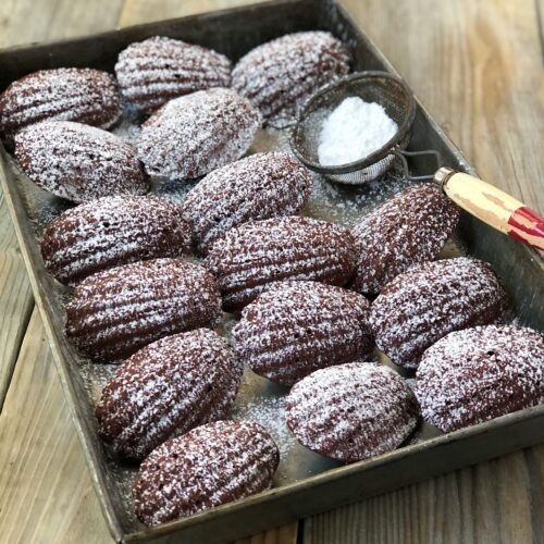 Chocolate madeleines dusted with icing sugar in a pan with a sieve.