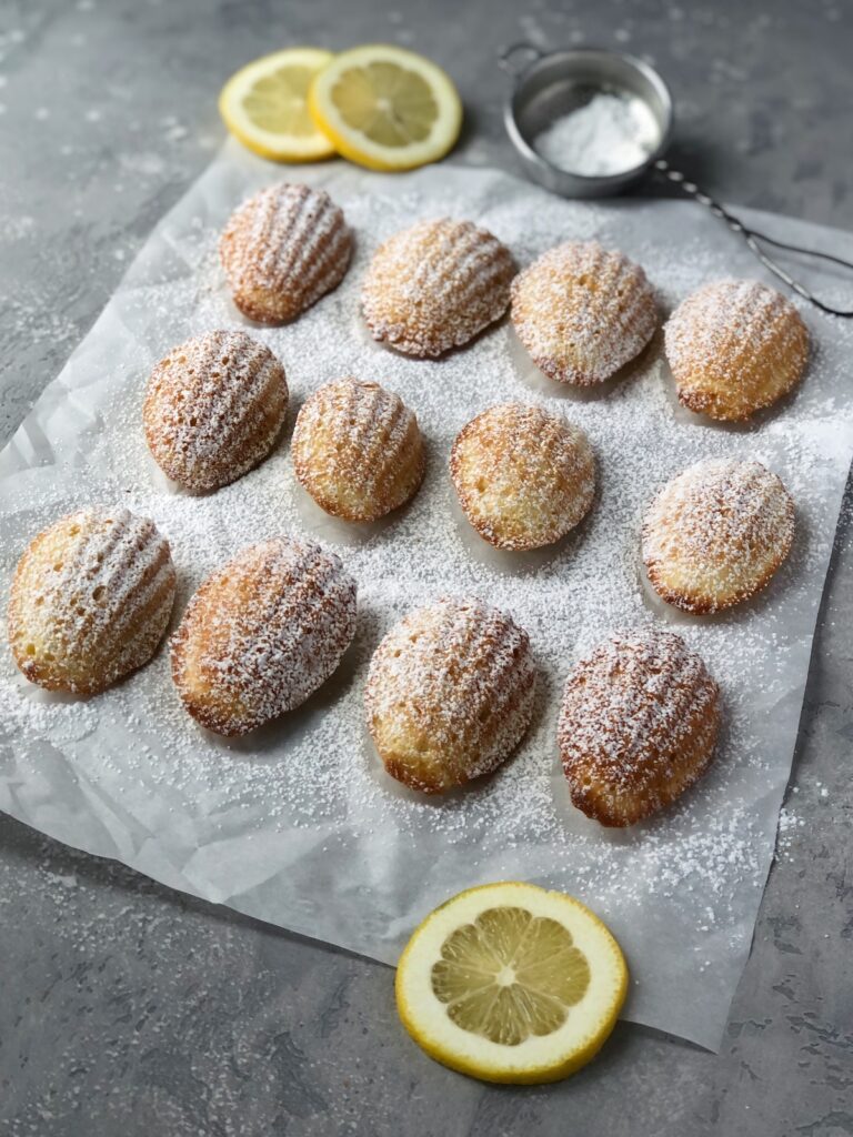 Lemon cakes on parchment paper dusted with icing sugar.