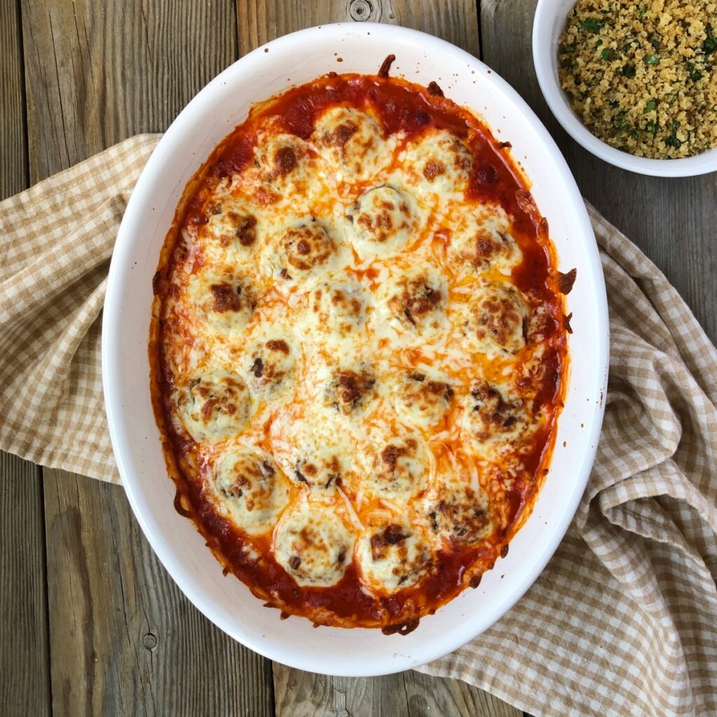 Oven baked meatball casserole out of the oven.