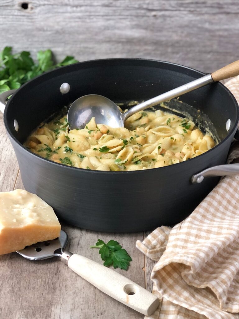 Pasta e Ceci soup with pasta and chickpeas cooked in Dutch oven.