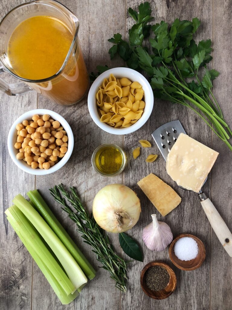 Broth, chickpeas, pasta, parsley, celery, rosemary, onion, garlic and cheese.