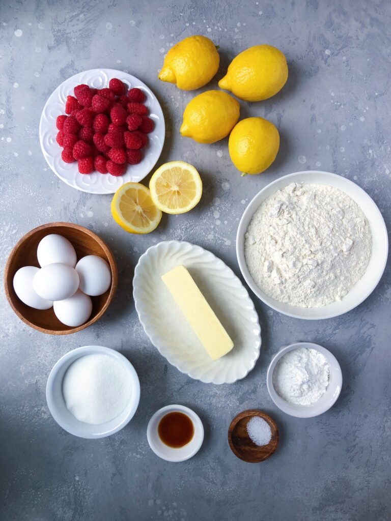 Lemons, eggs, butter, flour, sugar, cornstarch vanilla and raspberries.