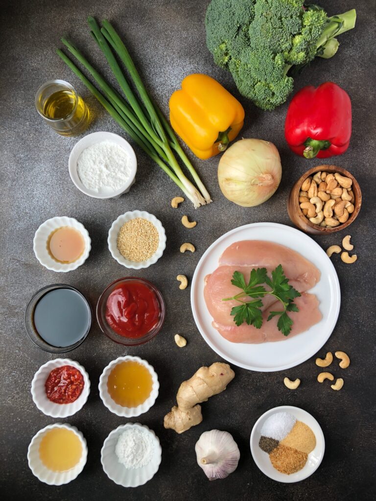 Broccoli, pepper, cashews, chicken, seasoning and an array of sauce ingredients.